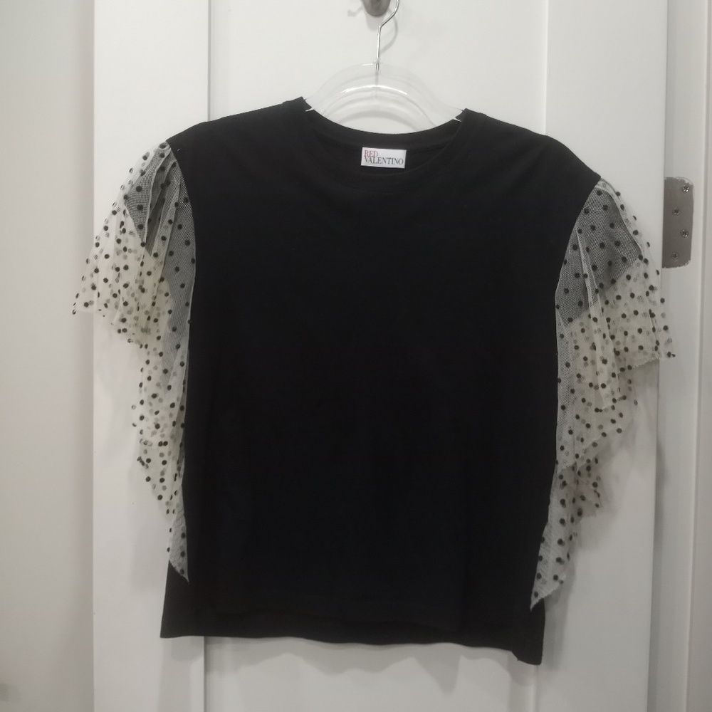 RED Valentino Women’s Black T-shirt with Pointe Desprit Wing Sleeve Size Small